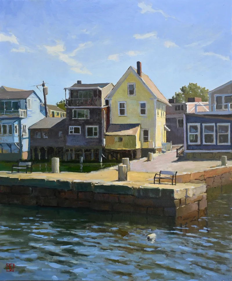 A plein air painting of a yellow house in Rockport, MA